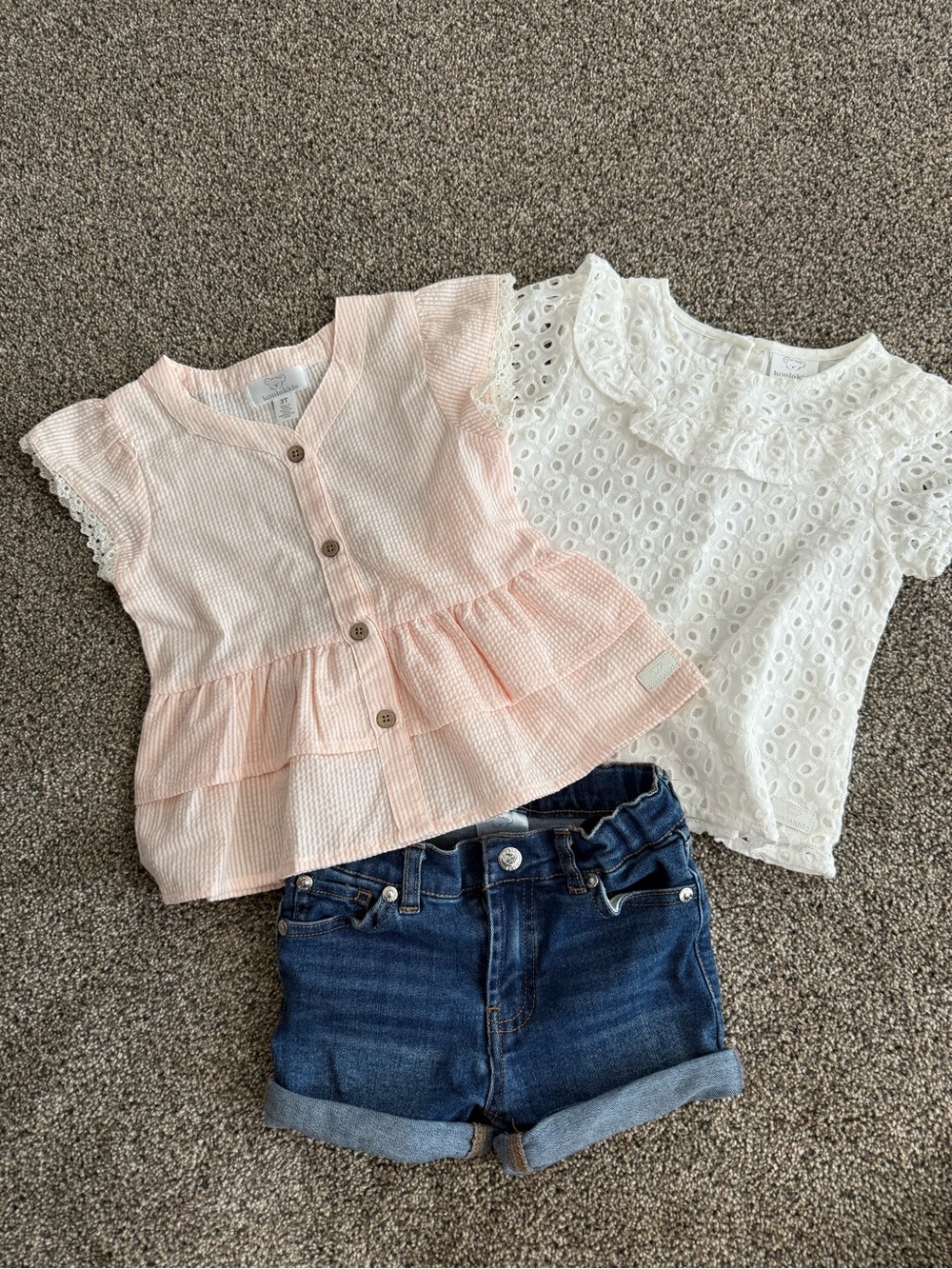 Koala Kids Pink Ruffle Button Front Top & White Eyelet Tee with Shorts Set 3T